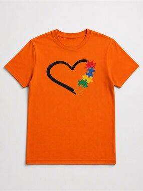 Autism Awareness Orange Puzzle Heart Graphic Tee